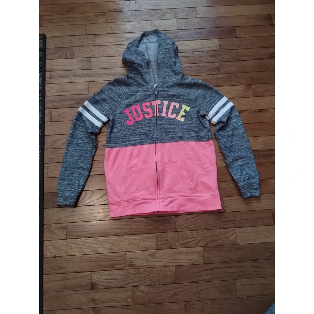 Justice Girls Large 12/14 Hooded Full Zip Sweatshirt Gray Orange